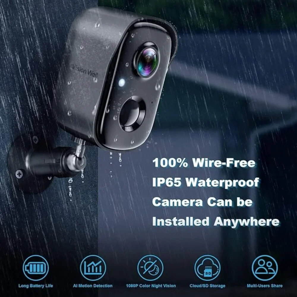 Vision Well Smart Battery Camera Battery Powered WiFi, Motion Detect 2-Way Audio